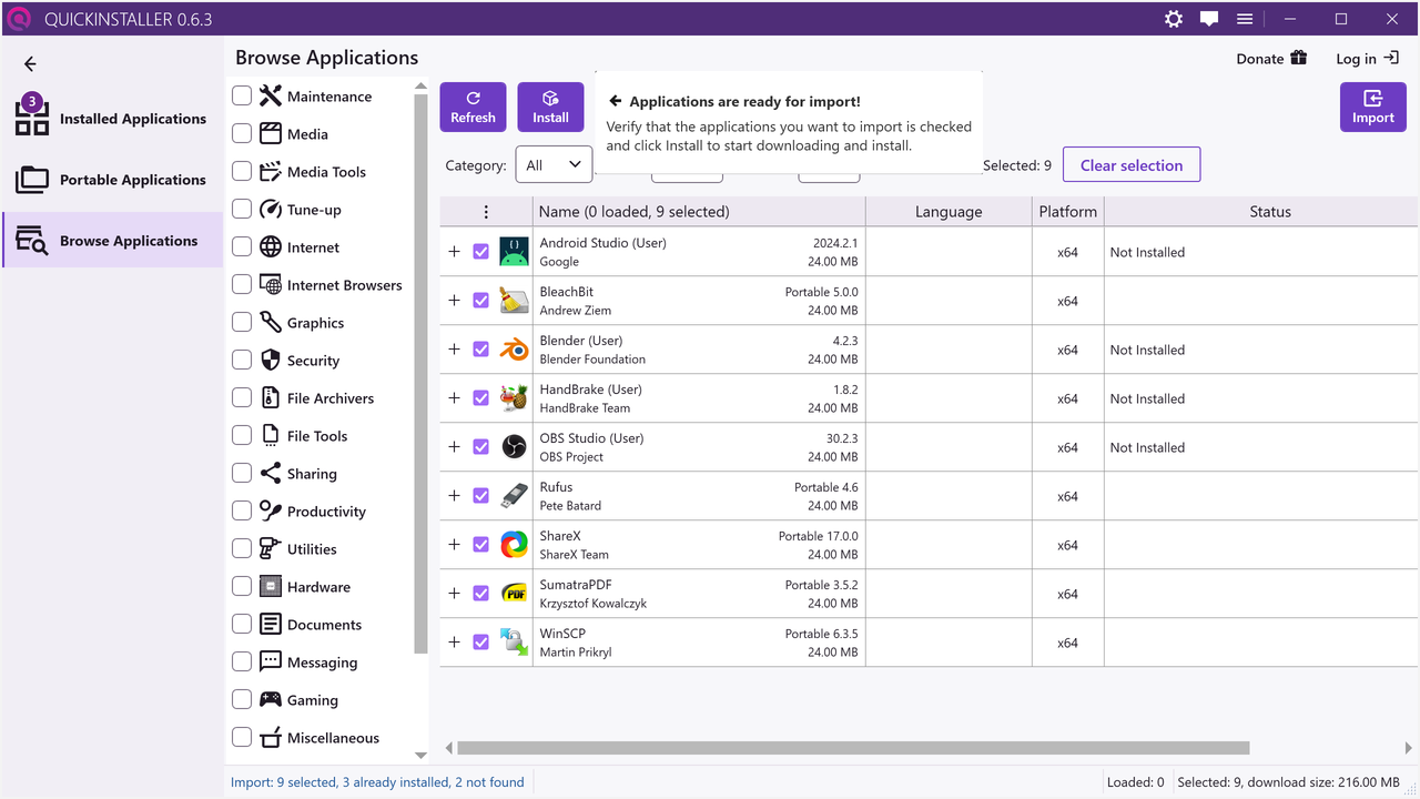 Browse Applications after an import, showing the imported apps selected
