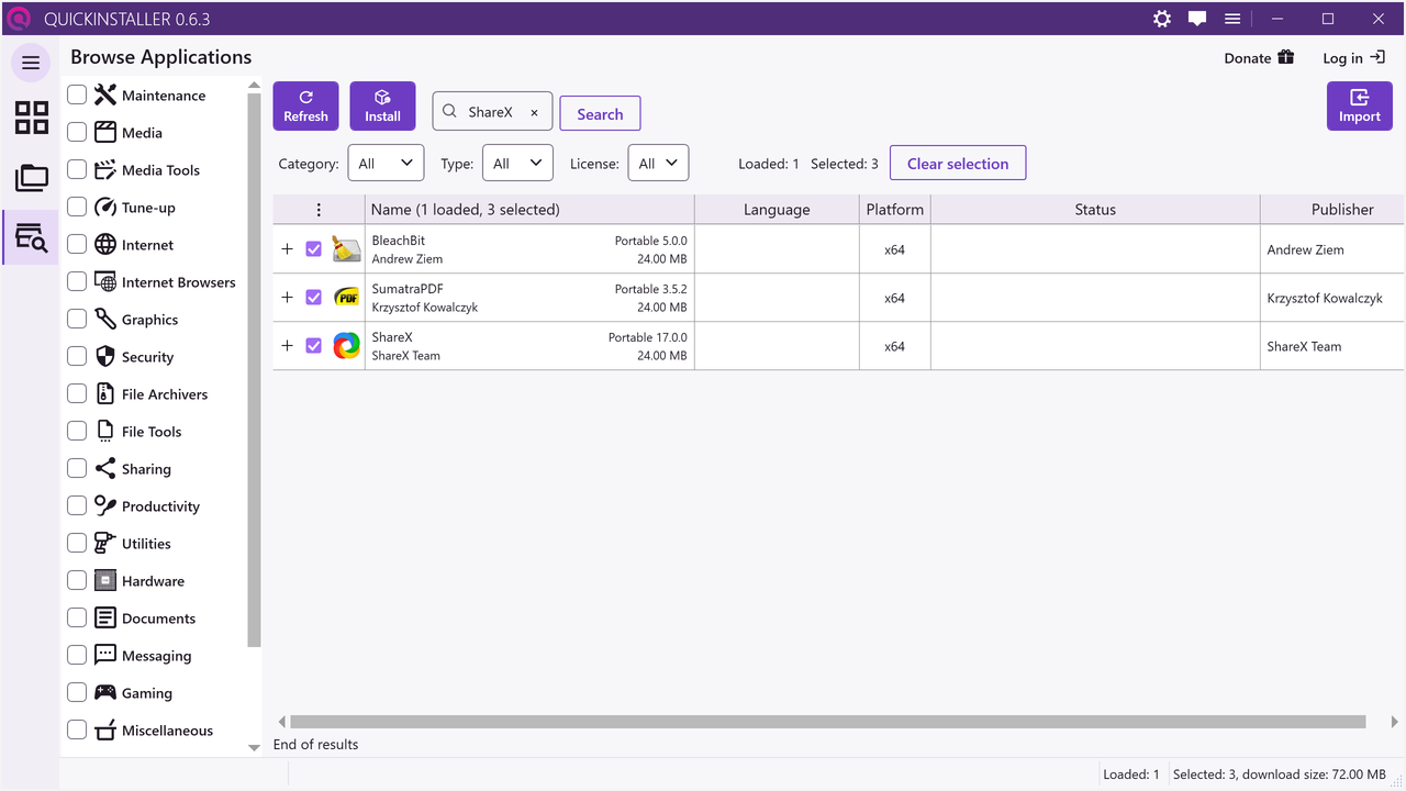 Browse Applications with three apps ticked and Install enabled