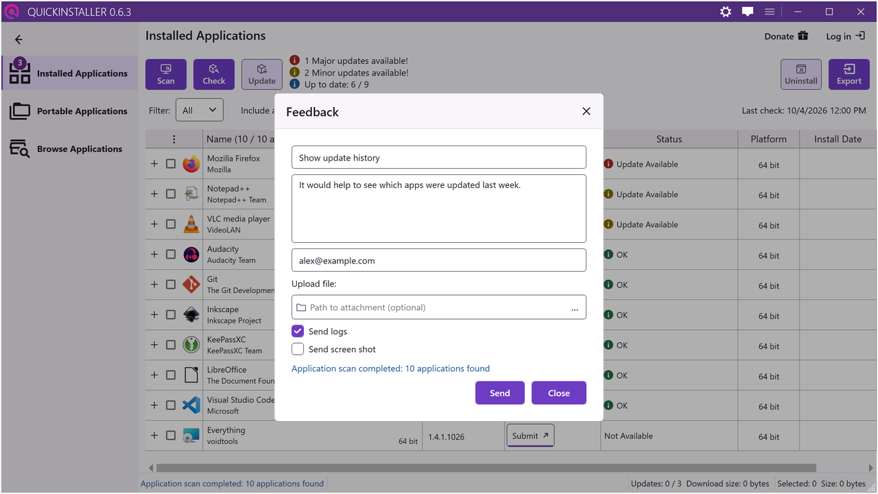 The Feedback window with subject, message and the Send logs option