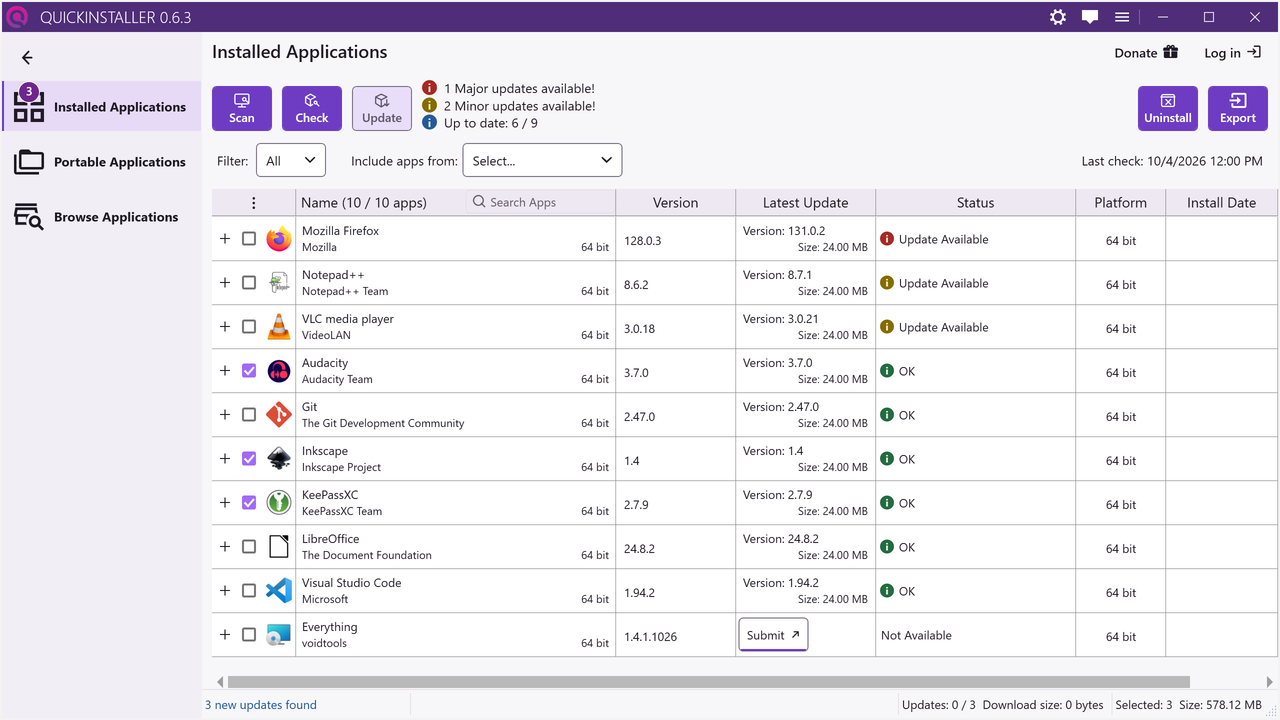 The Installed Applications toolbar with the Export button open, showing Export selected and Export all