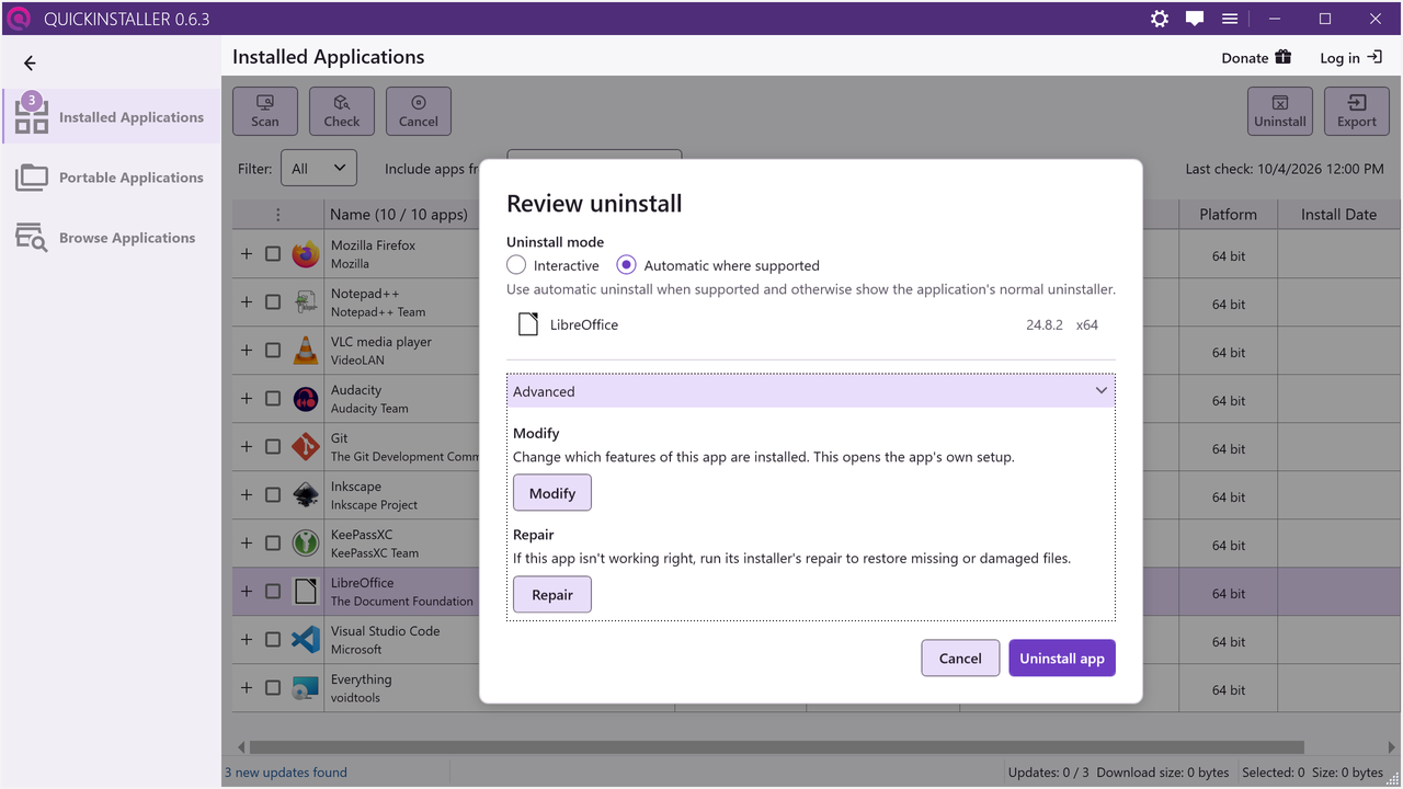 The Review uninstall window for one app with Advanced expanded, showing Modify and Repair