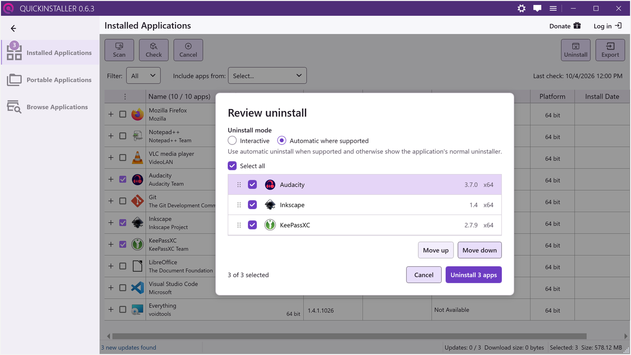 The Review uninstall window listing three apps, with Select all and the uninstall mode choices