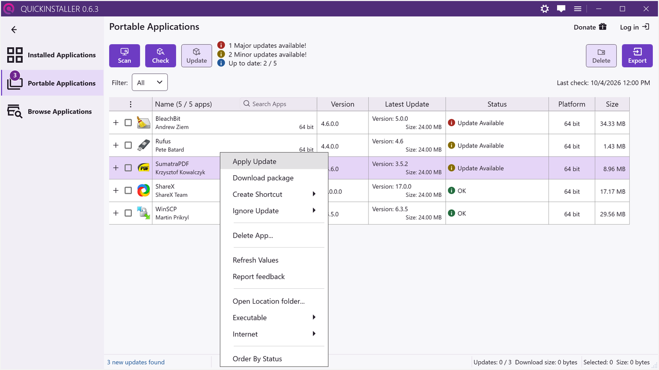 The right-click menu of a portable app with an update available, showing Apply Update, Create Shortcut and Delete App