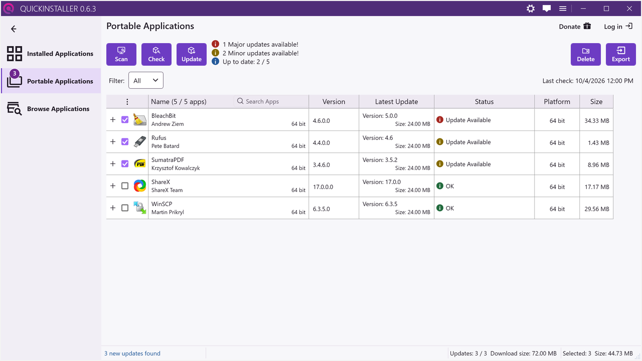 Portable Applications listing apps found in your folders