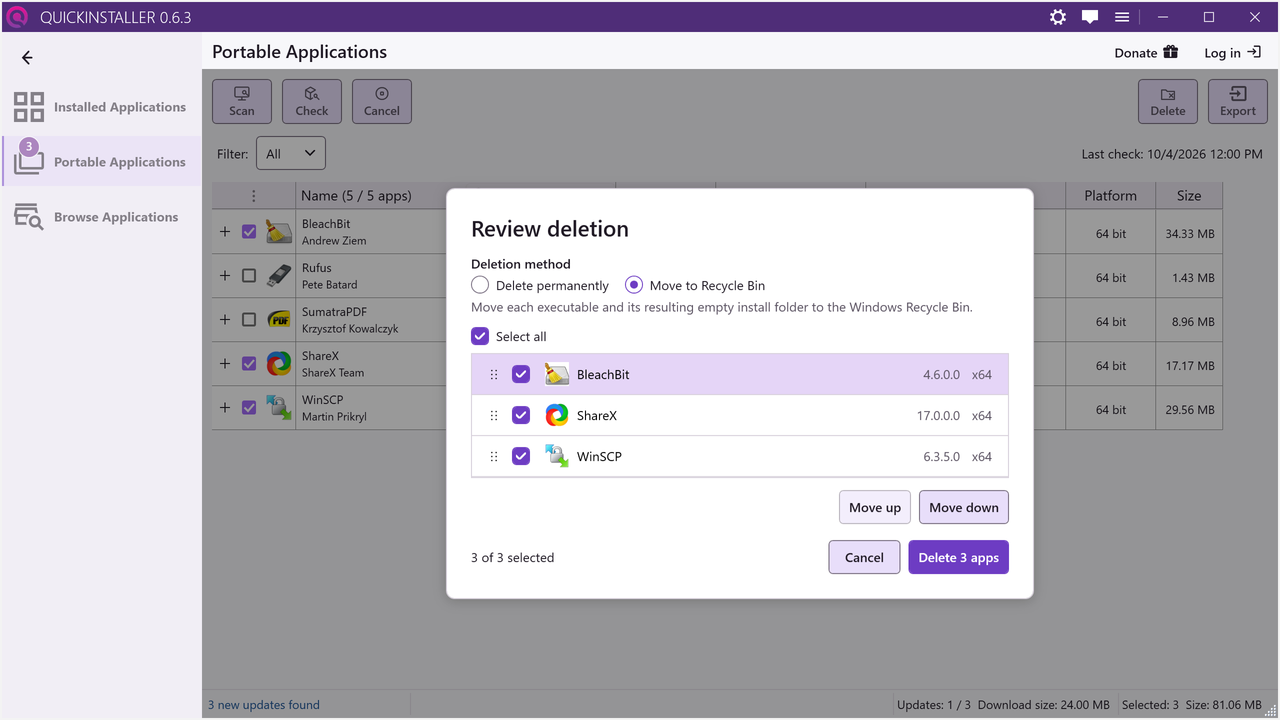 The Review deletion dialog with Move to Recycle Bin selected for three portable apps