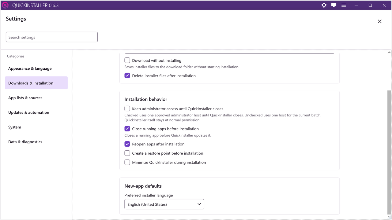 Settings, Downloads and installation, with Installation behavior showing the Keep administrator access checkbox unticked