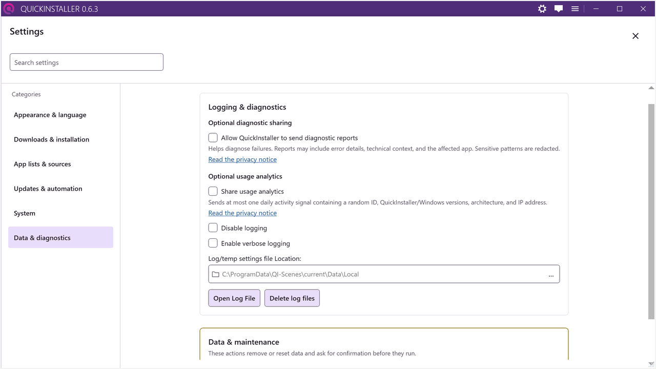 Settings showing the optional data sharing choices, both off