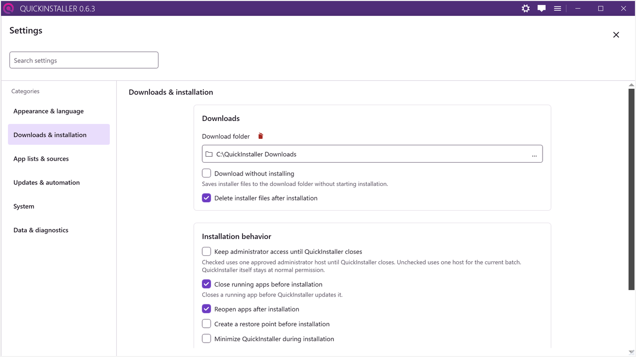 Settings on Downloads and installation showing the download folder and the two download choices
