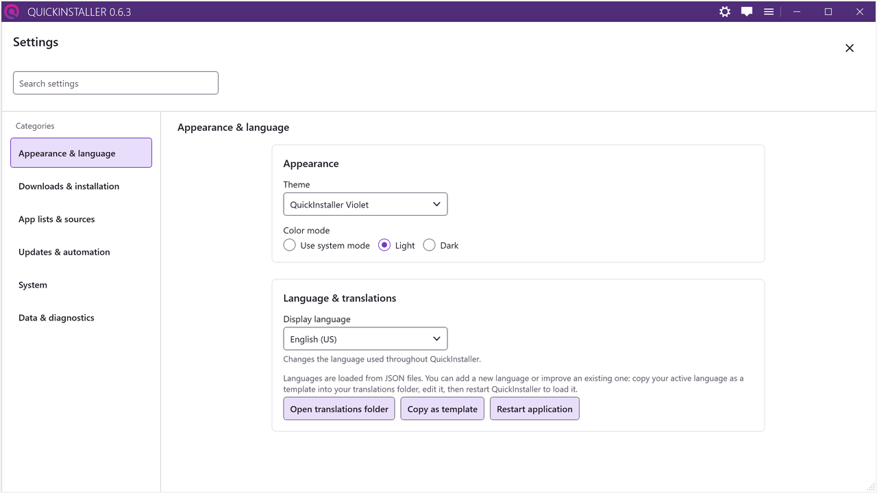Settings showing the Display language list and the three translation buttons