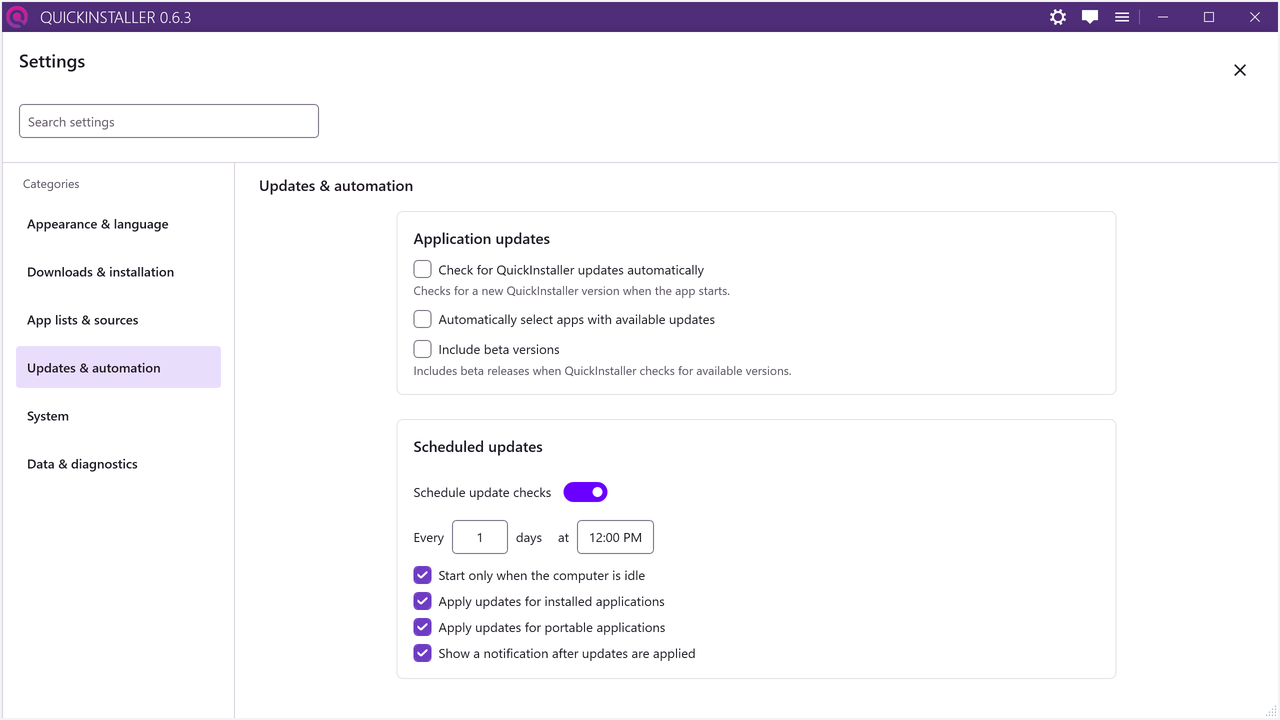 Settings with scheduled updates switched on