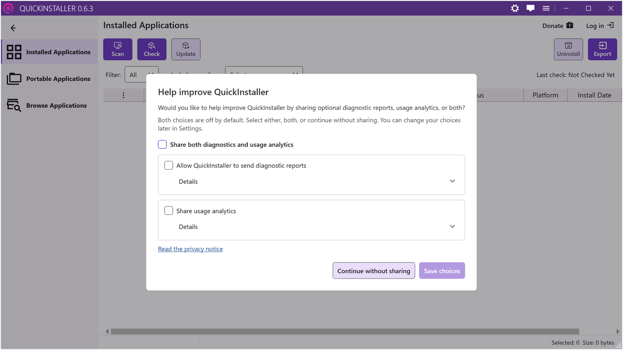 The one-time Help improve QuickInstaller offer with both choices unchecked
