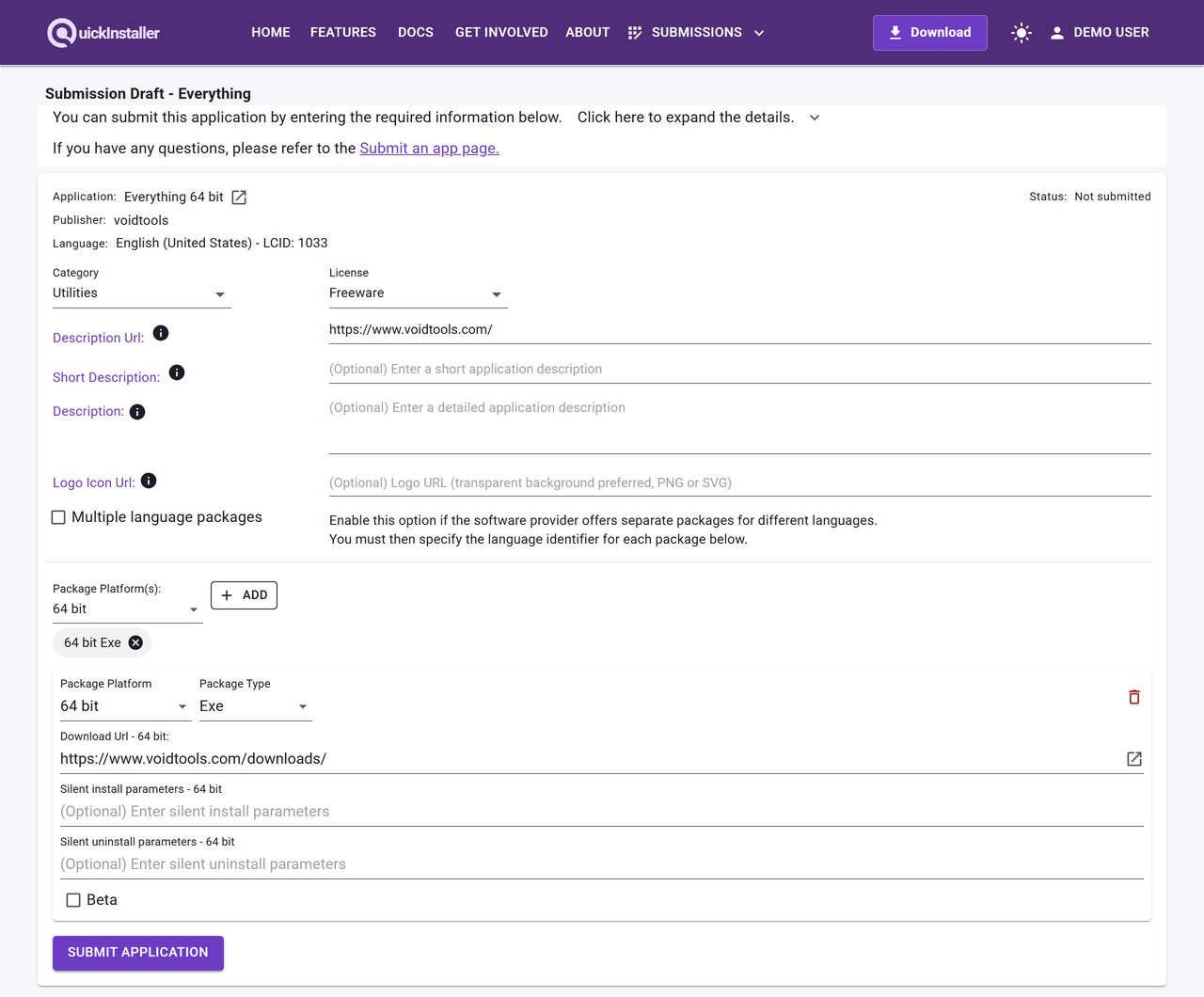 The submission draft form in a browser